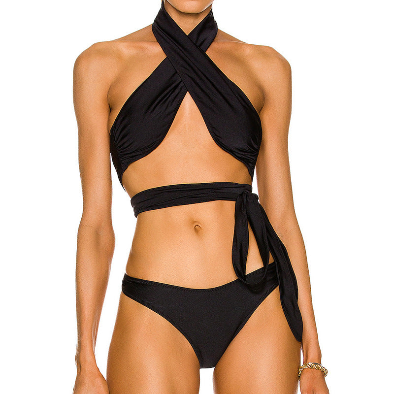 Black Crossed Bandage Women Bikini Swimsuits-Swimwear-Black-S-Free Shipping Leatheretro