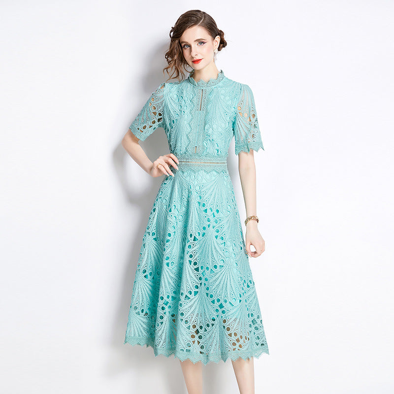 Elegant Round Neck Summer Midi Length Lace Dresses-Dresses-Green-2XL-Free Shipping Leatheretro