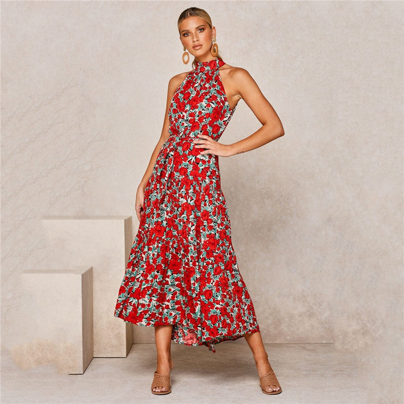 Casual Halter Summer Long Dresses-Dresses-Red Flower-XS-Free Shipping Leatheretro