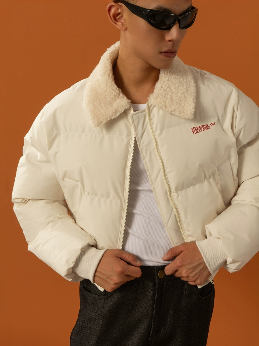 CLP Unisex Short Puffy Jacket with Sherpa Collar-Blue-S-Free Shipping Leatheretro