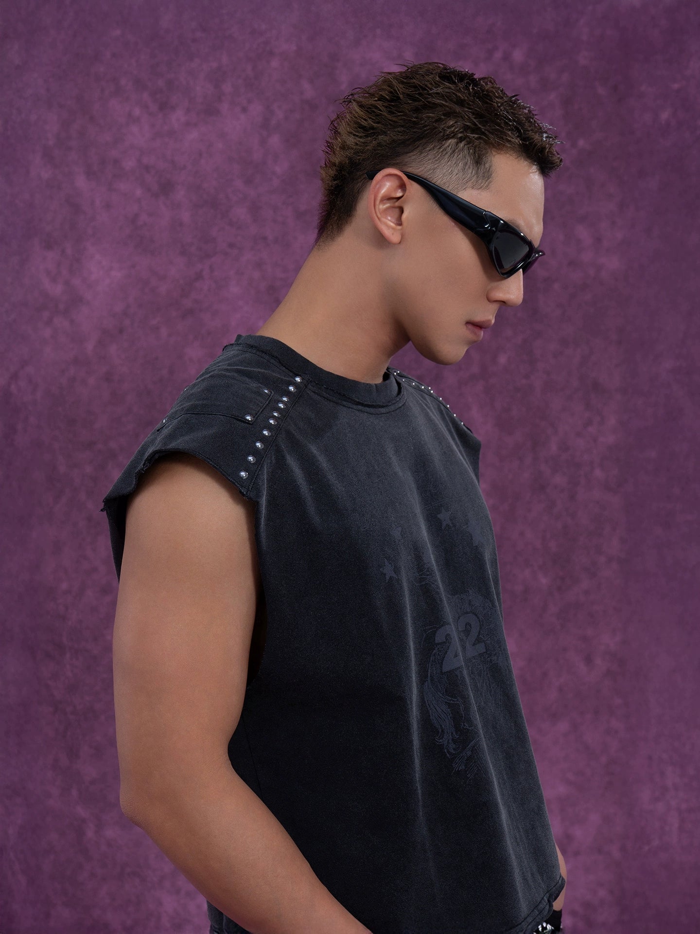 CLP Men's Grey Distressed Sleeveless Vest with Studs and Print - Streetwear Style-Gray-S-Free Shipping Leatheretro