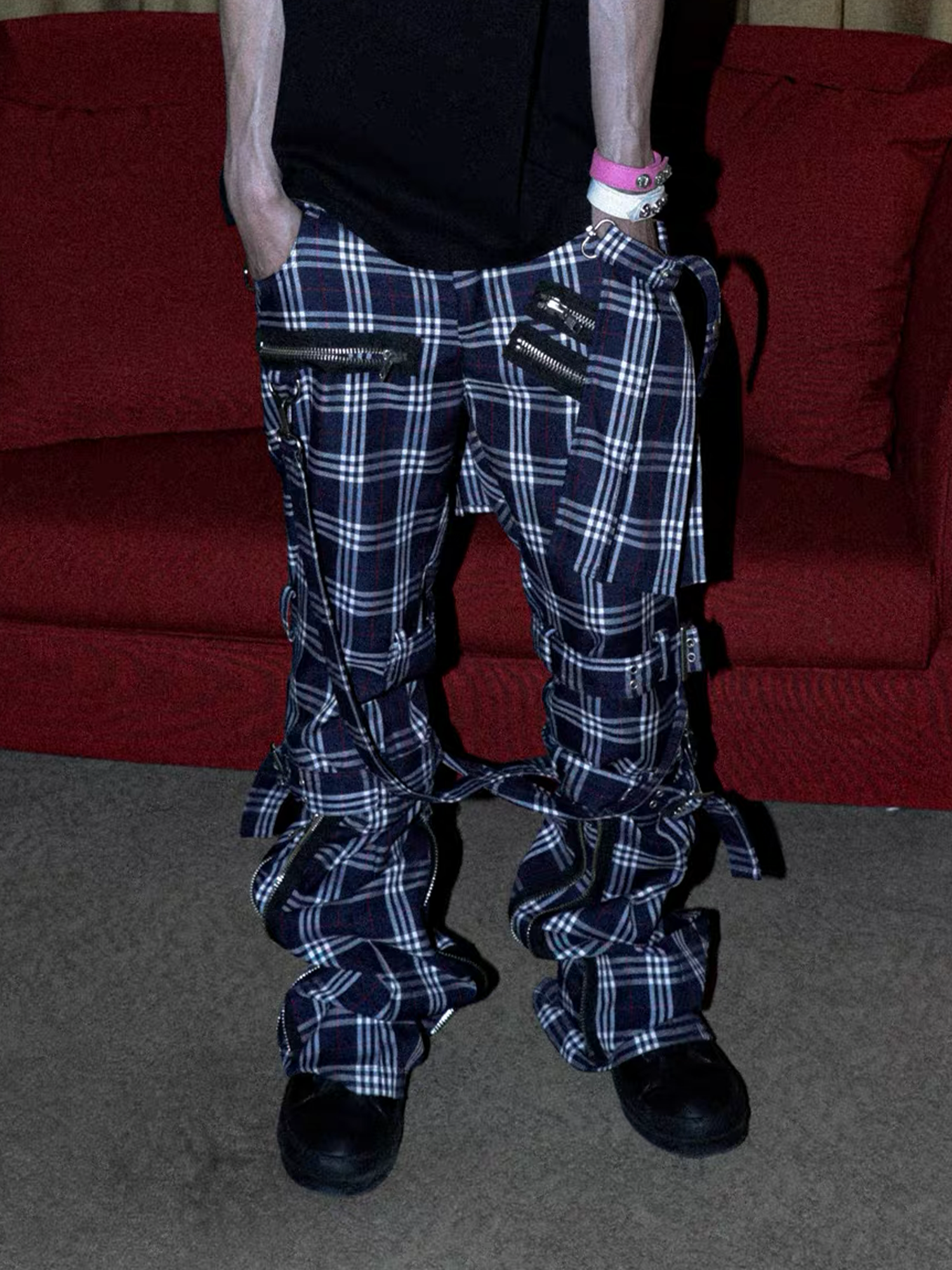 PCCVISION Detachable Skirt Panel Strap-Zip Plaid Flared Pants-Pants-S (Preorder)-Free Shipping Leatheretro