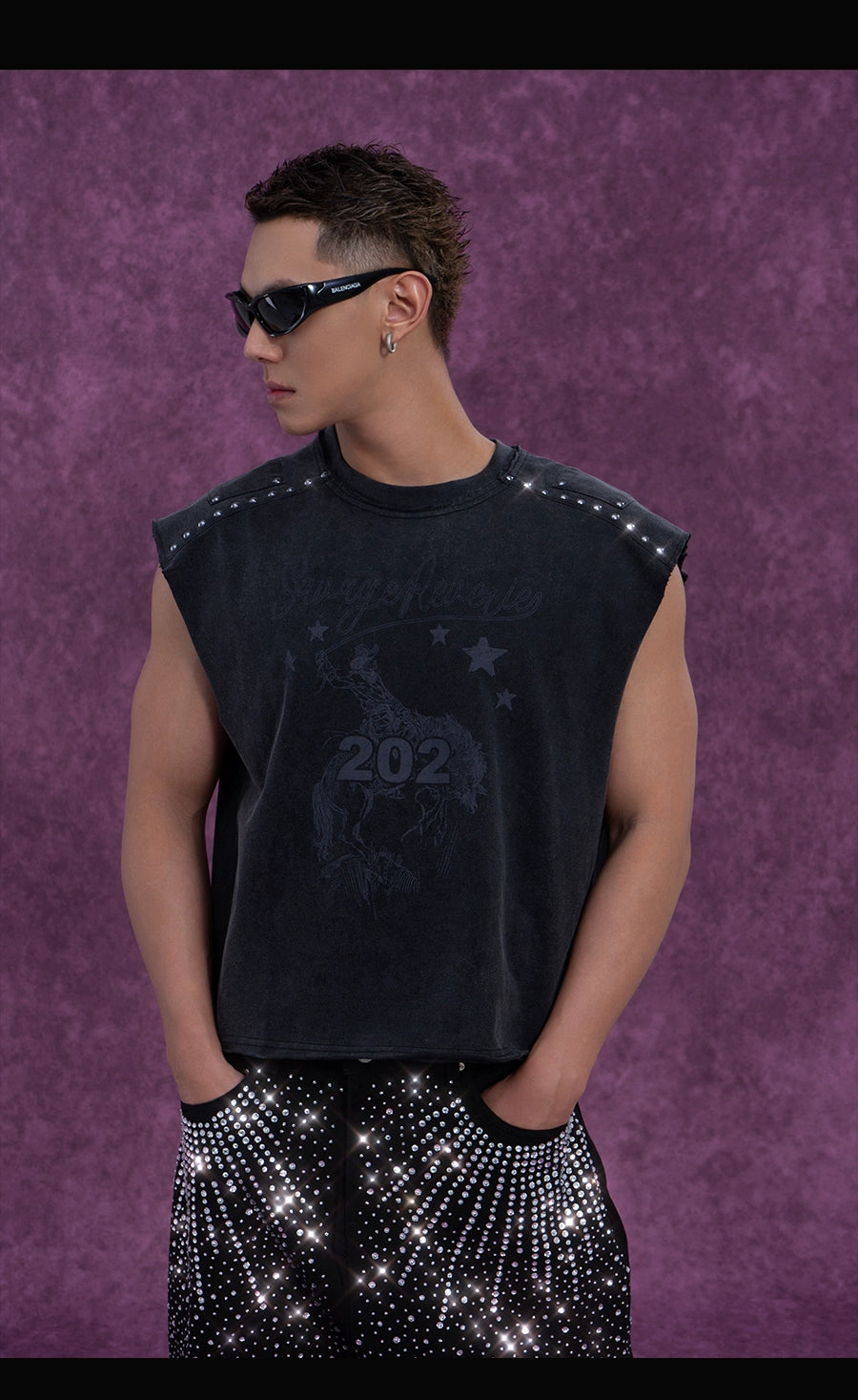 CLP Men's Grey Distressed Sleeveless Vest with Studs and Print - Streetwear Style-Gray-S-Free Shipping Leatheretro