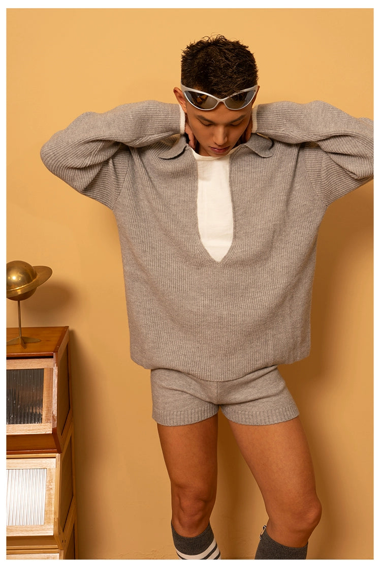 CLP Unisex Ash Black Navy Collar Knit Sweater-Gray-S-Free Shipping Leatheretro