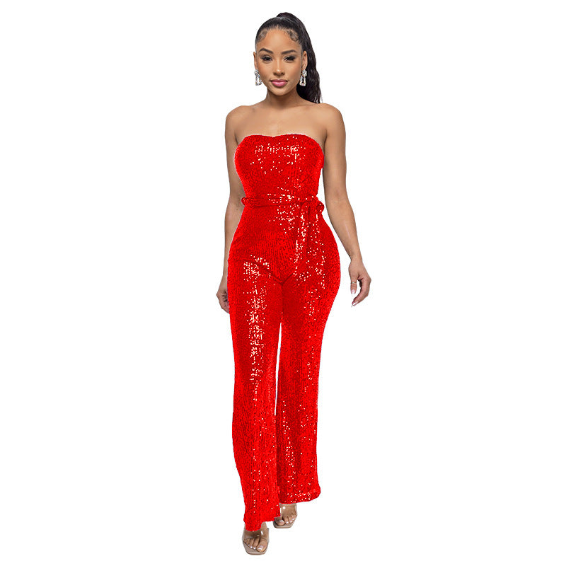 Sexy Strapless Sequined Sleeveless Jumpsuits-Suits-Red-S-Free Shipping Leatheretro