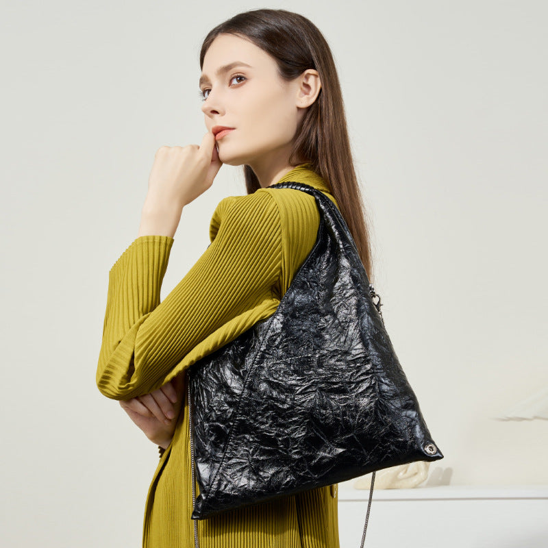 Relaxed Style Genuine Leather Tri-Fold Tote Bag for Women-Black-43*33*2-Free Shipping Leatheretro