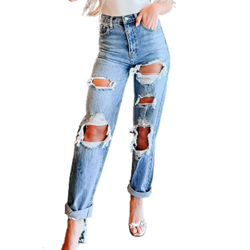 Casual High Waist Broken Holes Jeans for Women-Pants-Light Blue-S-Free Shipping Leatheretro