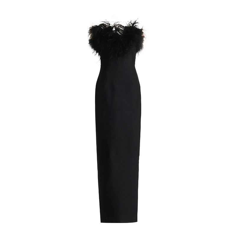 Sexy Strapless Ostrich Feathers Sheathe Long Dresses-Dresses-Black-S-Free Shipping Leatheretro