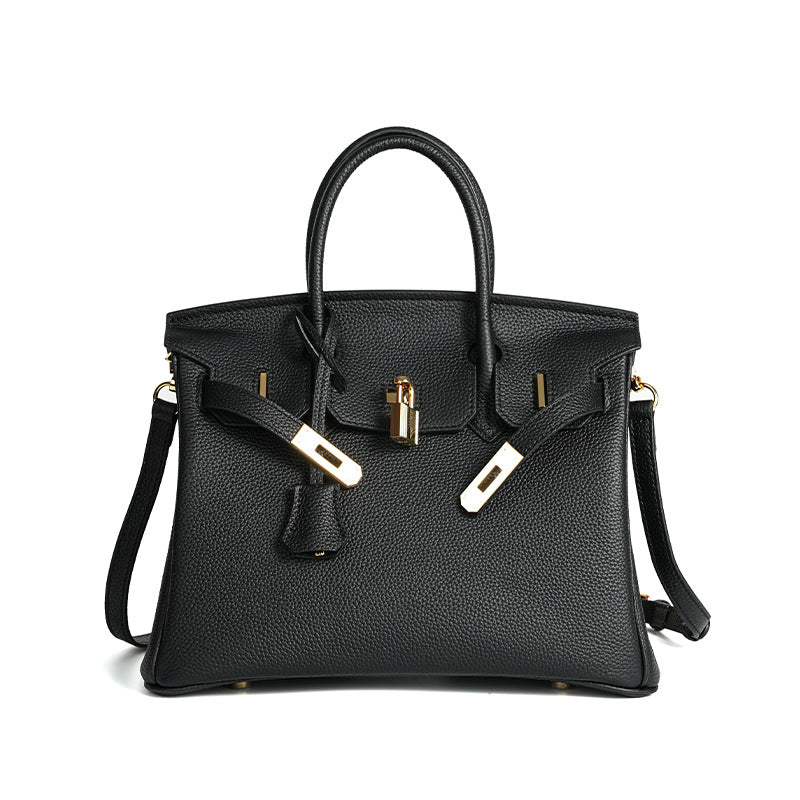 Luxury Genuine Top Grain Pebbled Leather Women's Handbag with Lock Closure-Handbags-elephant gray-35CM-Free Shipping Leatheretro