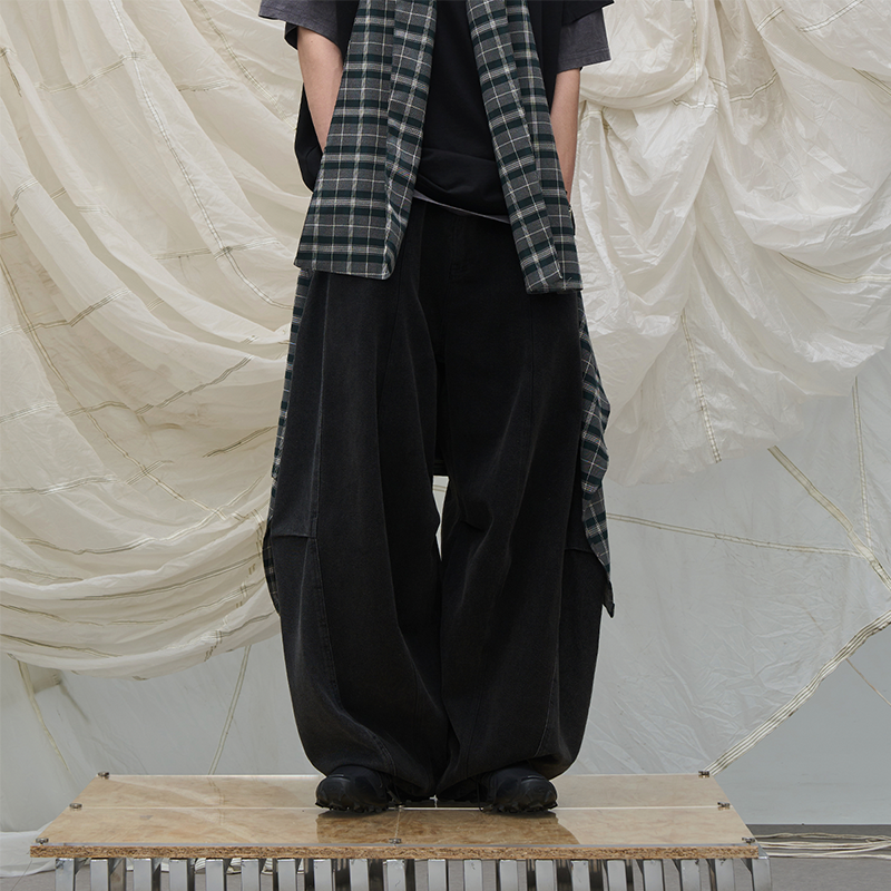 RELABEL Detachable Checkered Flap Distressed Wide-Leg Jeans-Black-XS-Free Shipping Leatheretro