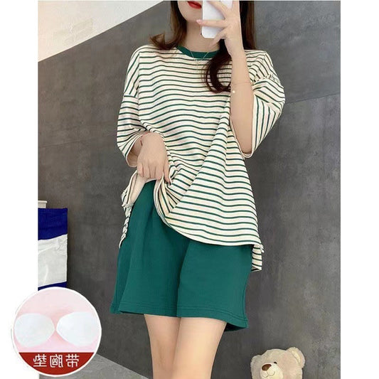 Casual Striped Summer Short Sleeves Shirts & Shorts Homewear-Sleepwear & Loungewear-A-M-L-Free Shipping Leatheretro