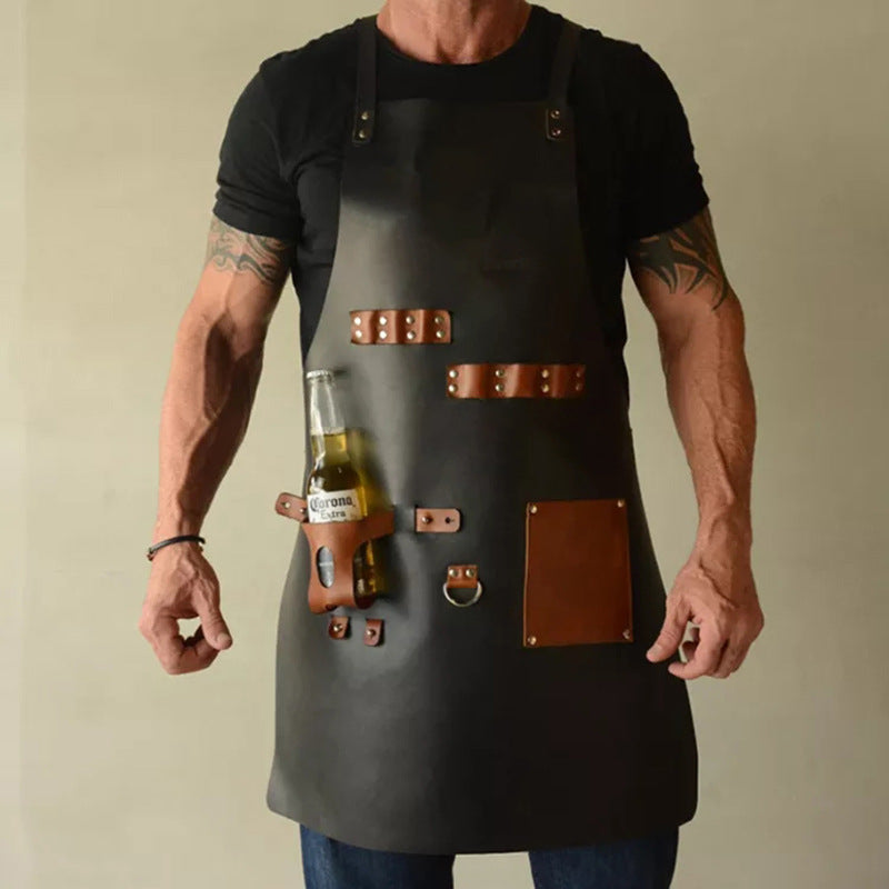 PU Leather BBQ Apron – Outdoor Cooking, Grilling & Picnic Apron with Bottle Holder – Oil-Resistant Work Apron-Leather Canvas Aprons-PU Brown-Free Shipping Leatheretro