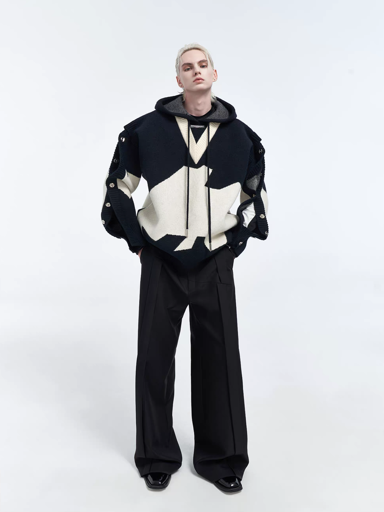 TIWILLTANG Contrast Layered Snap-Sleeves Knit Hoodie