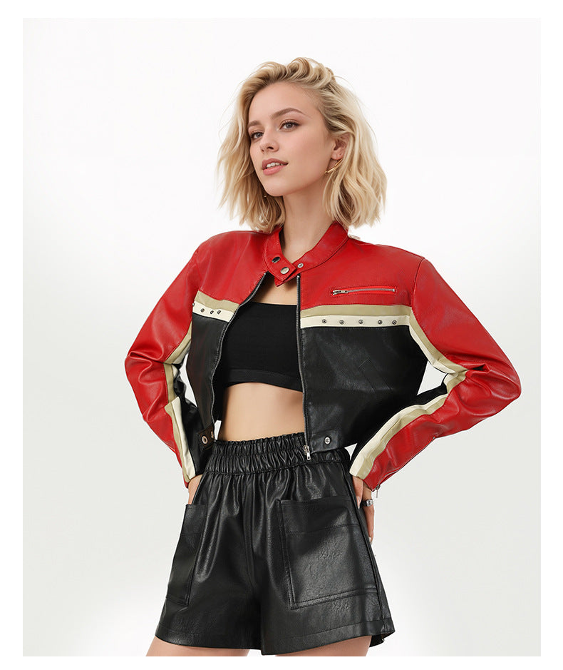 Edgy Cropped PU Leather Biker Jacket – Bold Color-Block Design-Coats & Jackets-Brick Red-S 50-55kg-Free Shipping Leatheretro