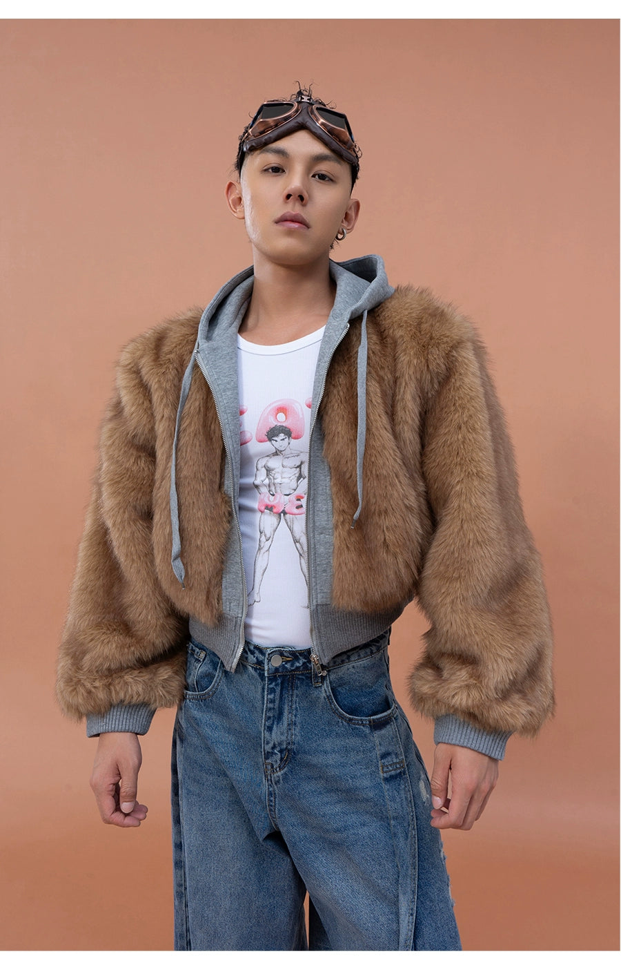 CLP Unisex Cropped Faux Fur Hoodie - Taupe Brown Zip-Up Coat-Brown-S-Free Shipping Leatheretro