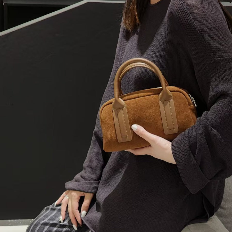 Women's Suede & Leather Tote Bag-Handbags-酒红-Free Shipping Leatheretro