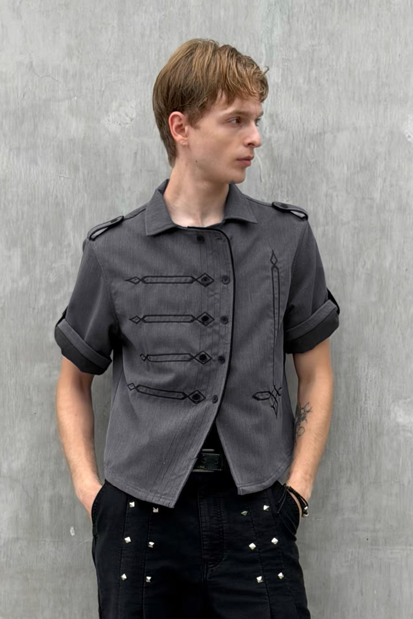 ESAIAS Napoleon Embroidered Asymmetrical Half Shirt-Half shirt-S-Free Shipping Leatheretro