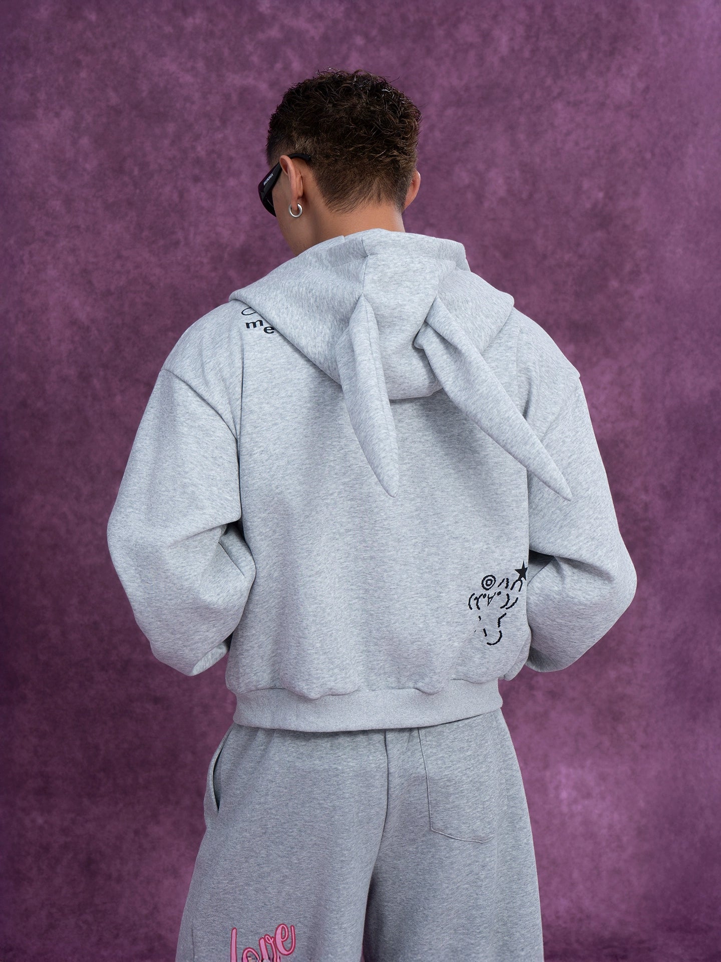 CLP Men's Gray Cartoon Rabbit Print Hooded Sweatshirt Jacket-Gray-S-Free Shipping Leatheretro