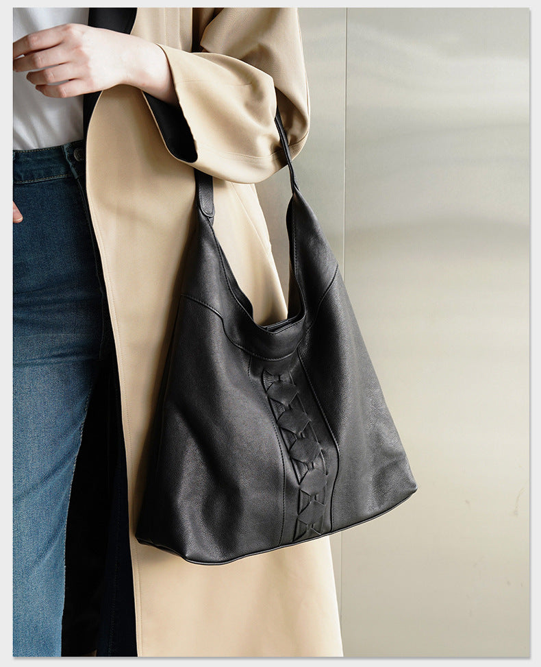 Luxury Genuine Vegetable-Tanned Leather Tote Bag-Black-Free Shipping Leatheretro
