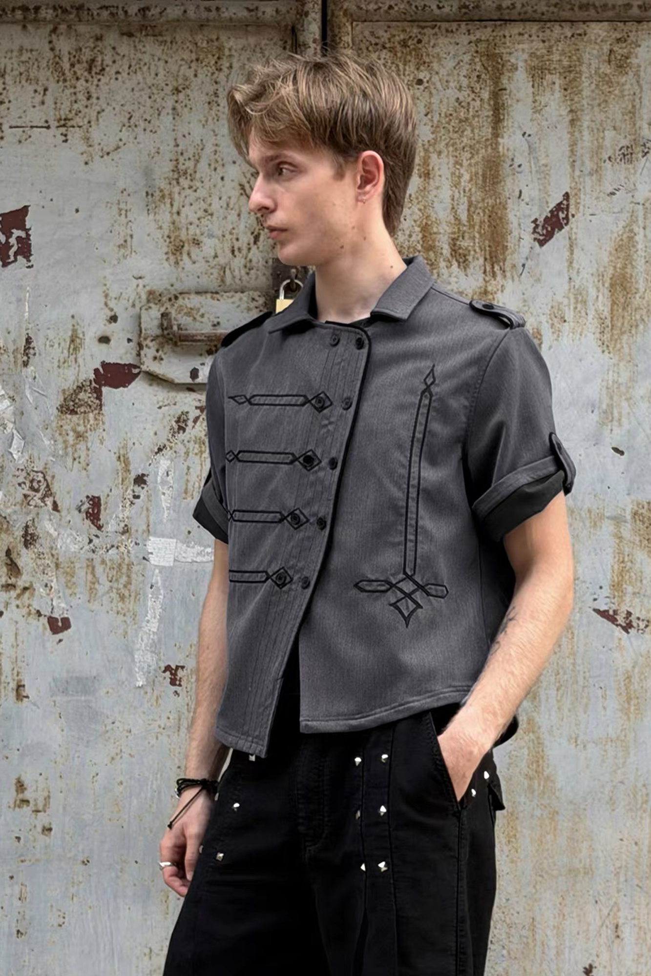 ESAIAS Napoleon Embroidered Asymmetrical Half Shirt-Half shirt-S-Free Shipping Leatheretro
