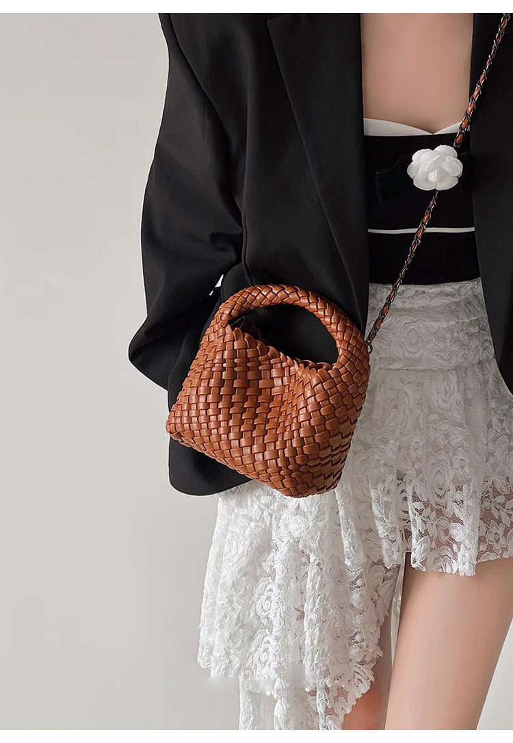 Handwoven Mini Faux Leather Handbag-黑色+编织零钱包+长链条-17cm *13cm-Free Shipping Leatheretro