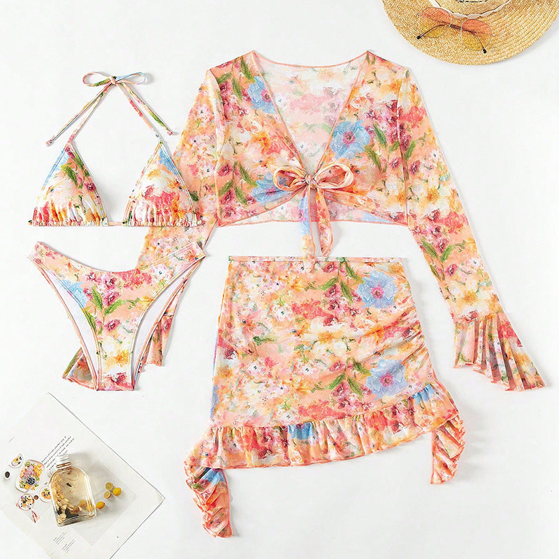 Fashion Floral Print 4pcs Beach Swimwear-Swimwear-A-XS-Free Shipping Leatheretro