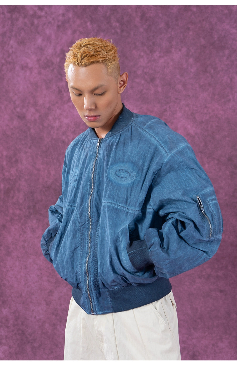 CLP Vintage Distressed Baseball Jacket for Men-Blue-M-Free Shipping Leatheretro