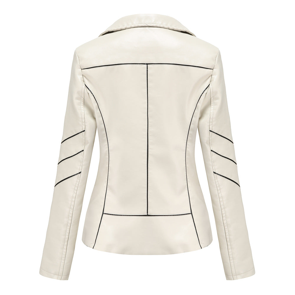 Women's PU Leather Jacket Short Biker Jacket for Spring & Fall-Beige-S-Free Shipping Leatheretro