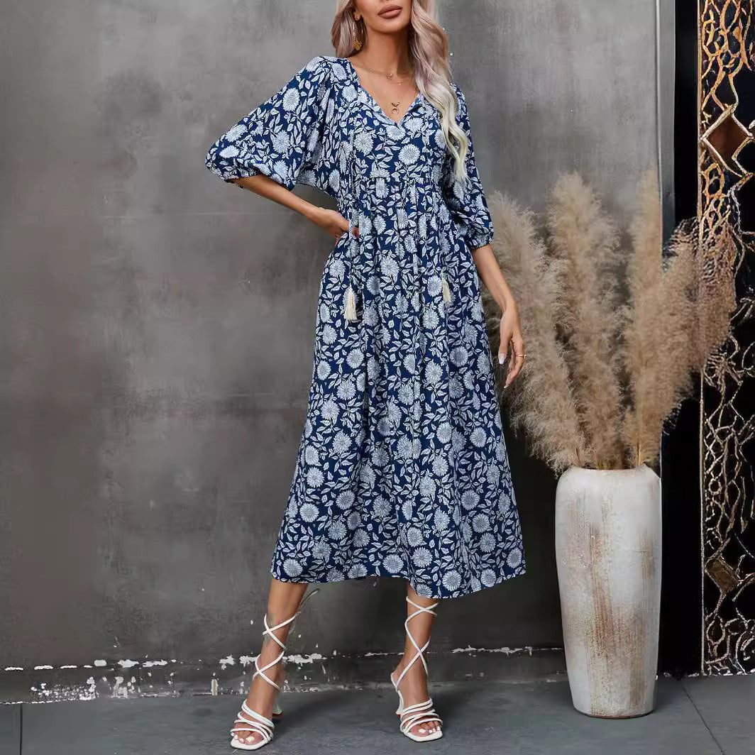 Bohemian V Neck Cotton Long Beach Dresses-Dresses-Navy Blue-S-Free Shipping Leatheretro