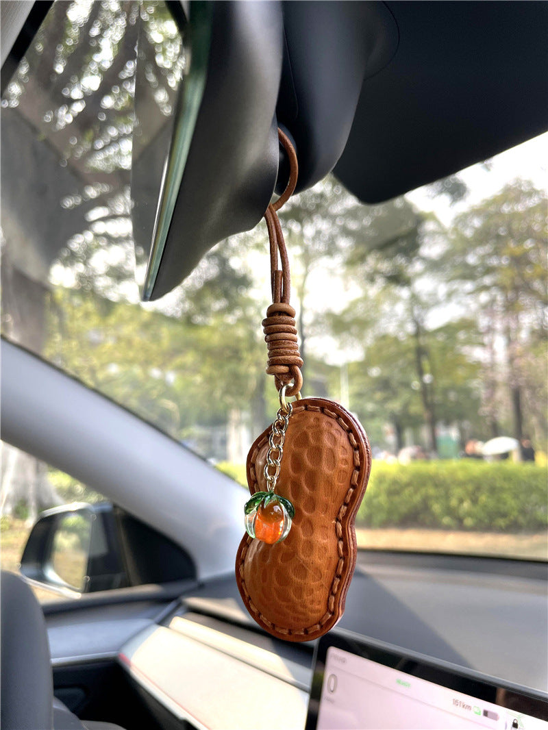 Handmade Genuine Leather Peanut Design Car Rearview Mirror Keychain-Chains-Brown-Free Shipping Leatheretro