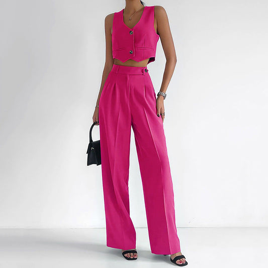 Fashion Linen Sleeveless Vest and Wide Legs Pants Suits-Suits-Pink-S-Free Shipping Leatheretro