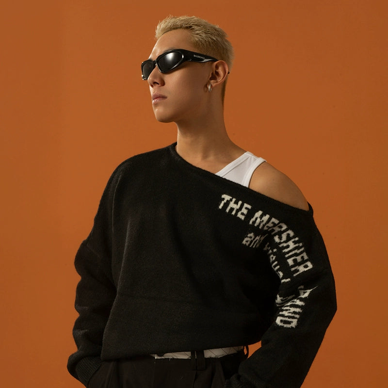 CLP Oversized Off-Shoulder Boat Neck Sweater-Black-S-Free Shipping Leatheretro