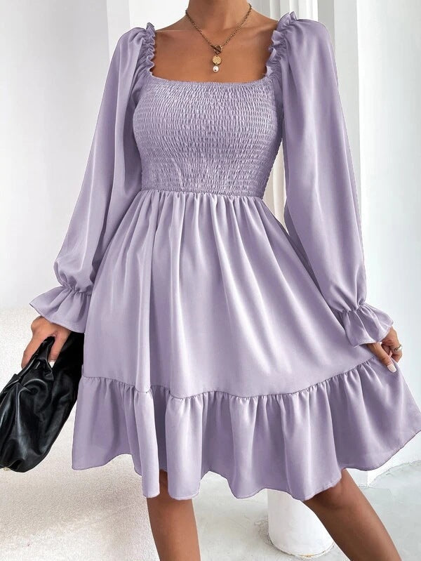 Elegant Square Neckline Long Sleeves Short Dresses-Dresses-Purple-S-Free Shipping Leatheretro