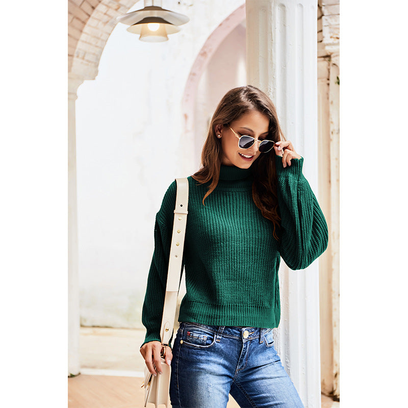 Casual High Neck Knitted Long Sleeves Sweaters-Sweater&Hoodies-Green-S-Free Shipping Leatheretro