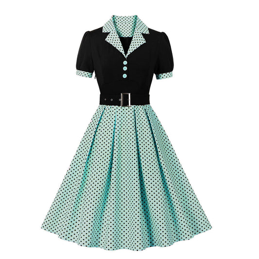 Vintage Polk Dot Short Sleeves Dresses-Dresses-Green-S-Free Shipping Leatheretro