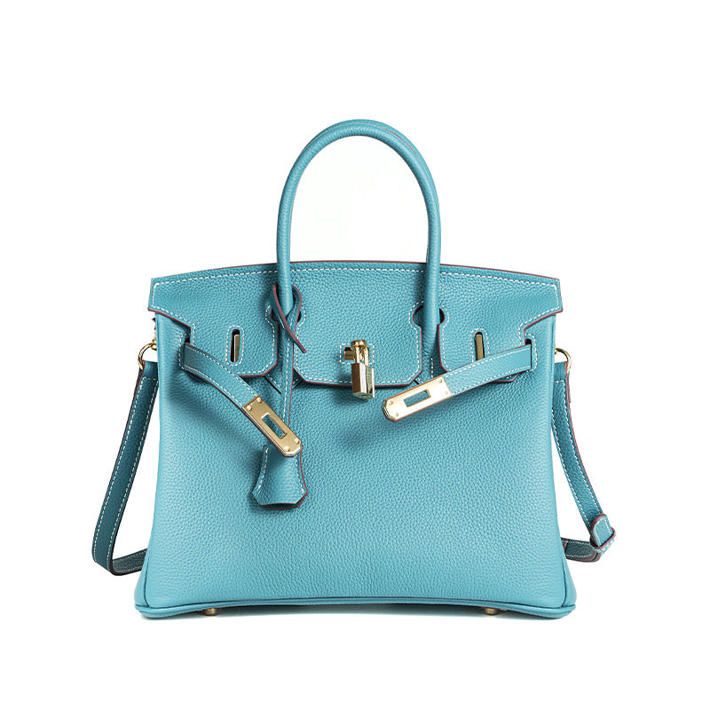 Luxury Genuine Top Grain Pebbled Leather Women's Handbag with Lock Closure-Handbags-elephant gray-35CM-Free Shipping Leatheretro