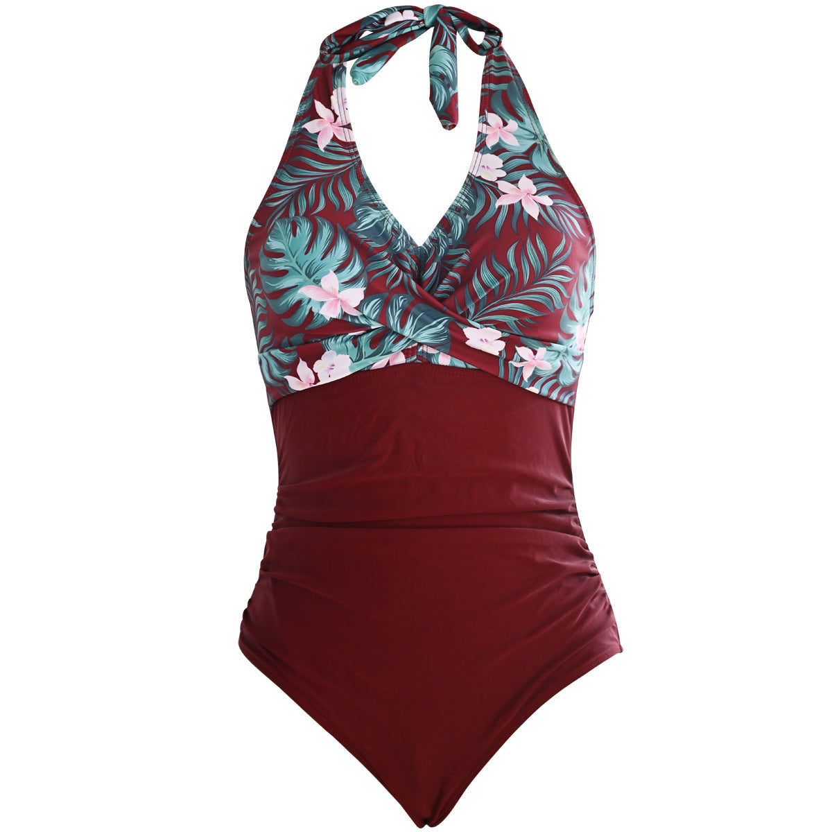 Sexy Halter Floral Print One Piece Swimwear-Swimwear-Red Flower-S-Free Shipping Leatheretro