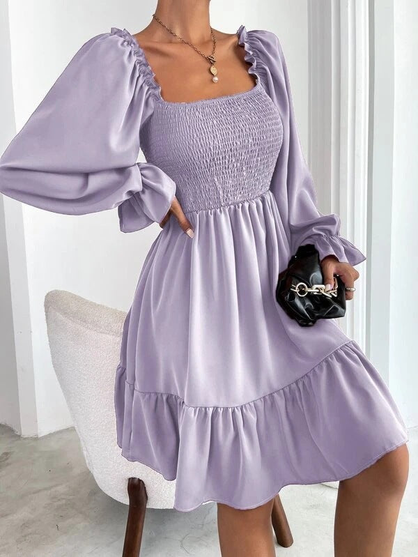 Elegant Square Neckline Long Sleeves Short Dresses-Dresses-Black-S-Free Shipping Leatheretro