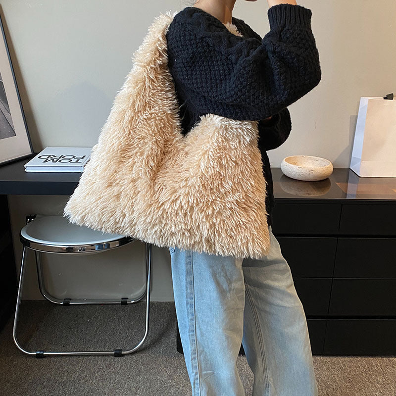 Fall/Winter Large Fluffy Tote Bag-black-Free Shipping Leatheretro