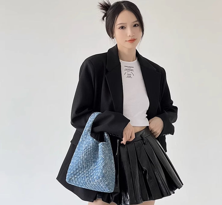 Stylish Canvas & Denim Woven Bucket Bag for Women-Light Blue 23cm-Free Shipping Leatheretro