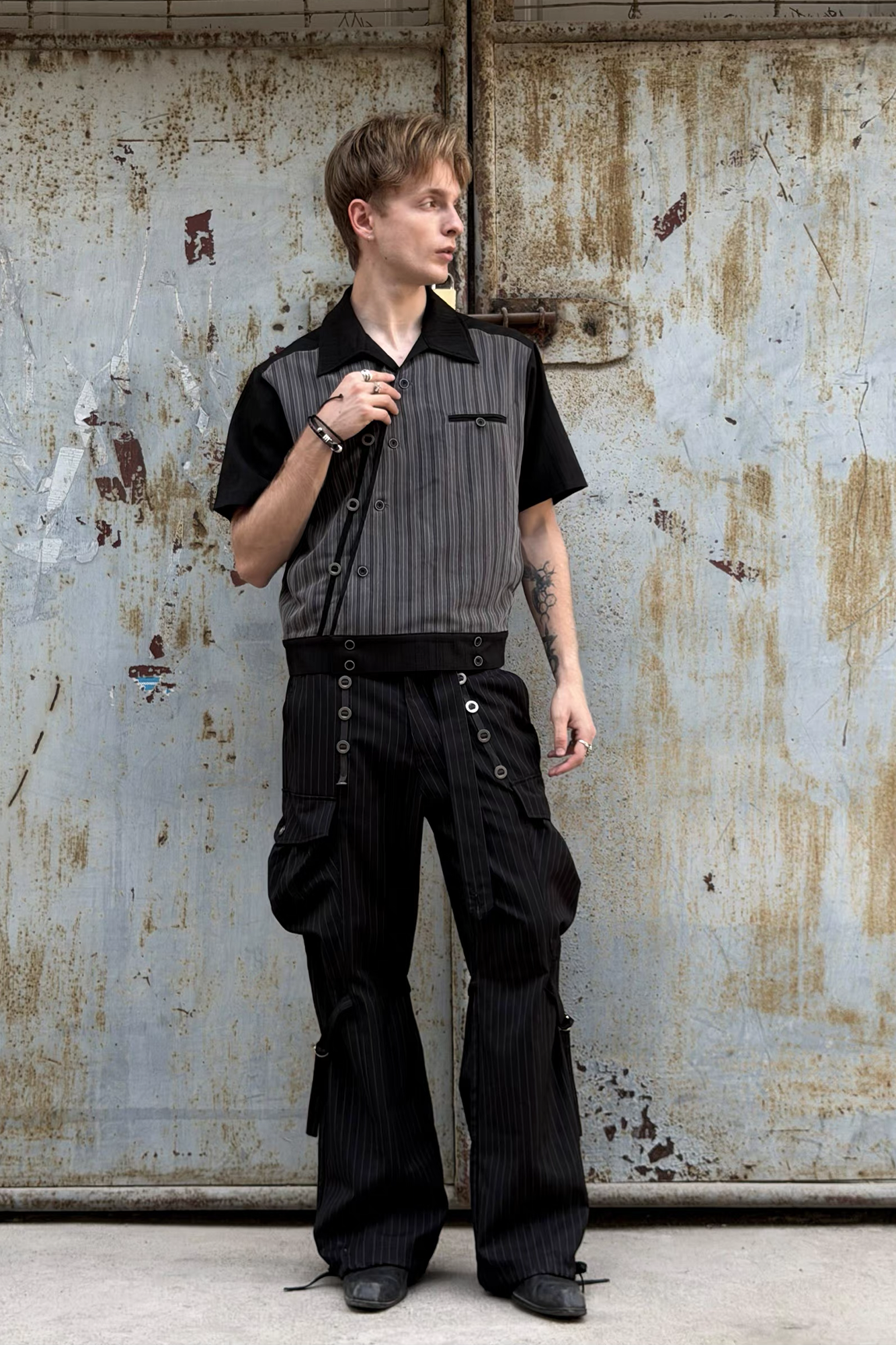 ESAIAS Jacquard Pinstripe Asymmetrical Paneled Half Shirt-Half shirt-S-Free Shipping Leatheretro