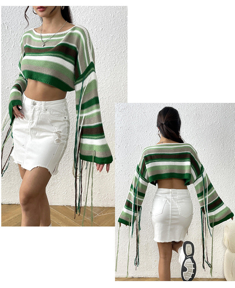 Sexy Rainbow Striped Tassels Short Knitted Blouses-Shirts & Tops-A-S-Free Shipping Leatheretro