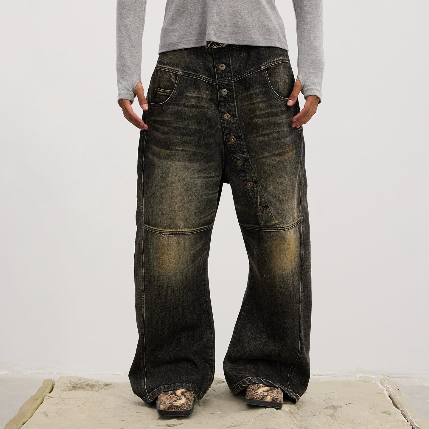 DND4DES Baggy Jeans with Curved Button Fly and Retro Wash-A-XS-Free Shipping Leatheretro