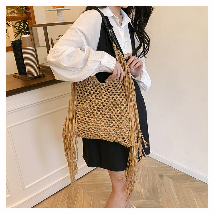 Retro Fringe Handwoven Crochet Tote Bag-Black-Free Shipping Leatheretro