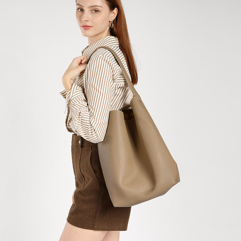 Women's Designer Leather Tote Bag-Handbags-Elephant Grey (Lychee Pattern Cowhide)-Free Shipping Leatheretro