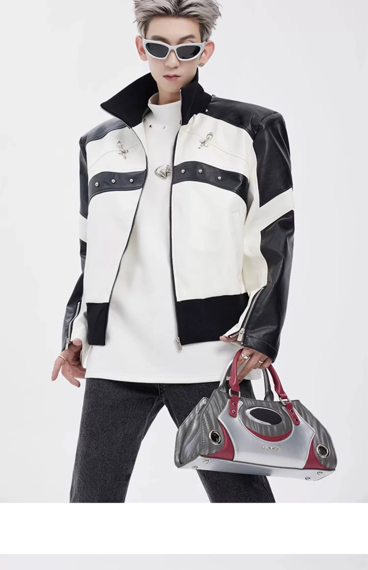 STARTEXCEEDEND Men's Short Biker Leather Jacke-Black White-M 45-60kg-Free Shipping Leatheretro