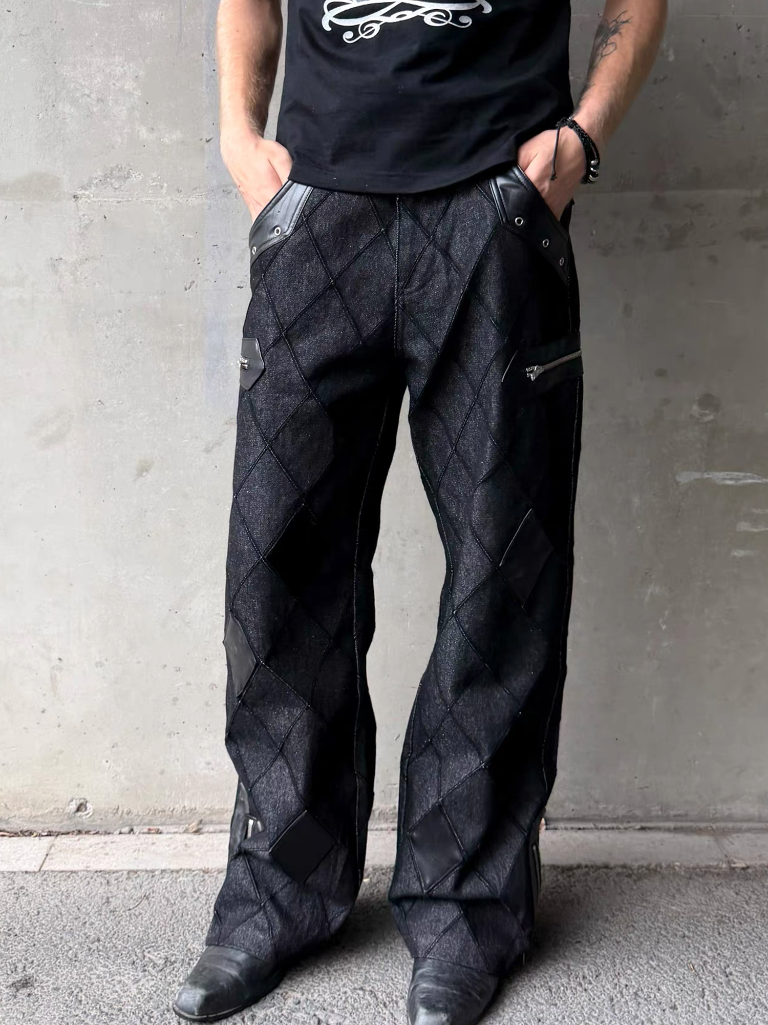 ESAIAS Diamond Faux Leather Patch Rivet Jeans-Jeans-S / 29" (Preorder)-Free Shipping Leatheretro