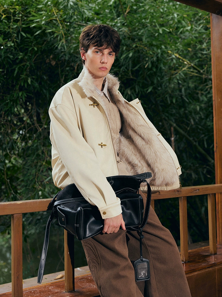 KREATE Harrington-Style PU Leather Jacket with Long Fur Collar-Ivory-S-Free Shipping Leatheretro