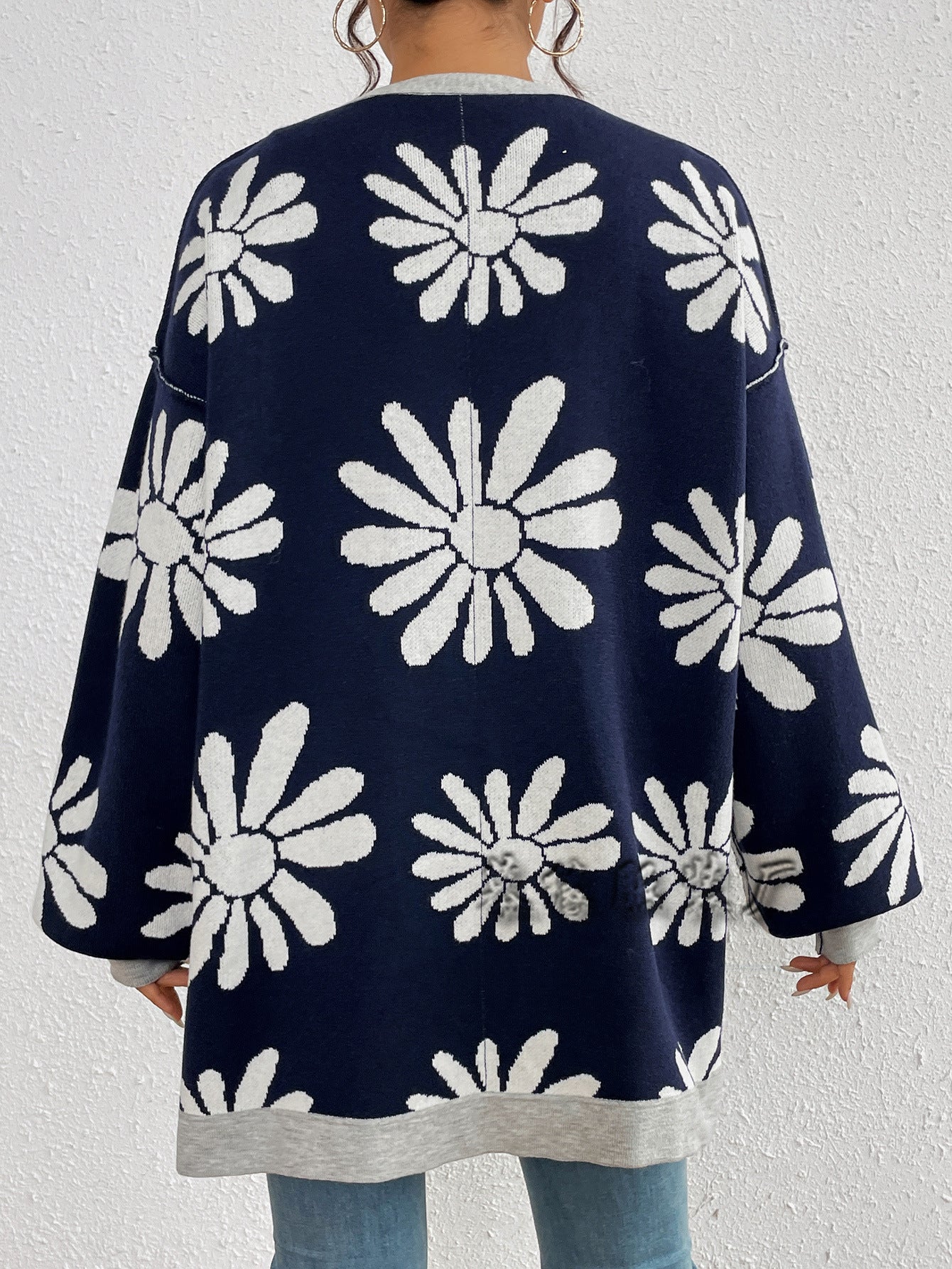 Casual Floral Print Knitted Cardigan Coats-Sweaters-Navy Blue-S-Free Shipping Leatheretro