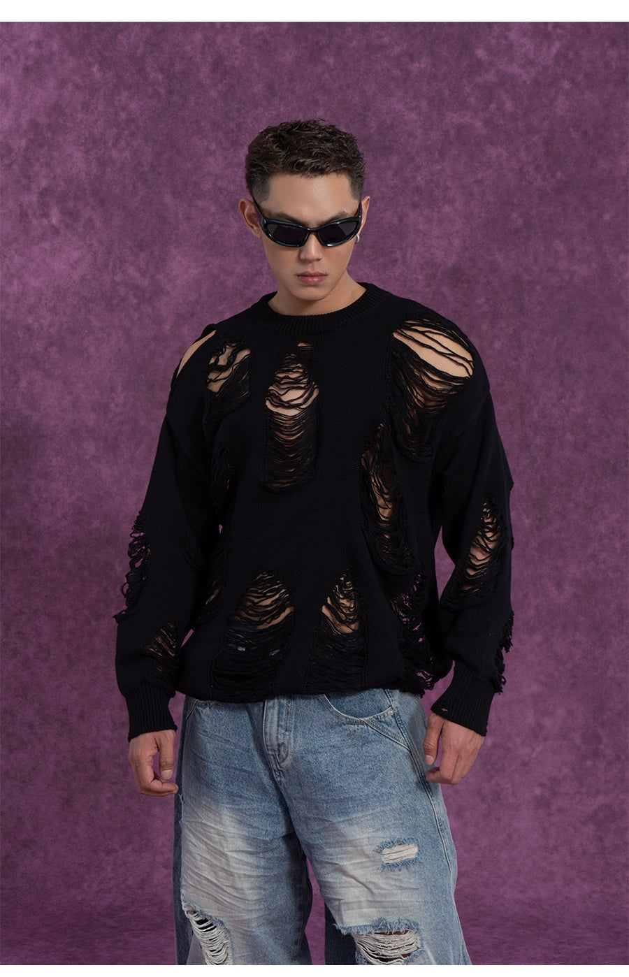 CLP Unisex Distressed Knit Sweater-Black-S-Free Shipping Leatheretro